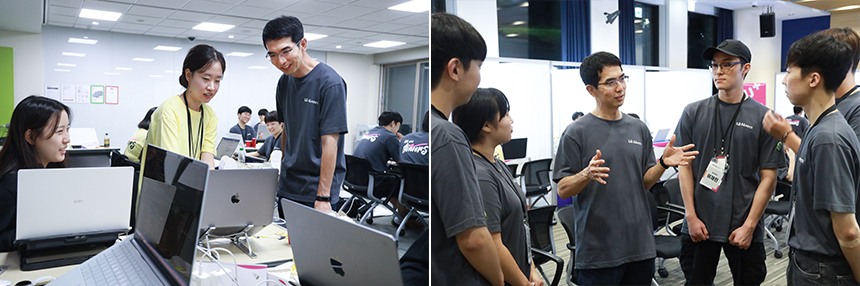 LG AI연구원 이홍락 CSAI가 LG Aimers 3기 해커톤 현장에서 참가자들과 이야기하는 모습